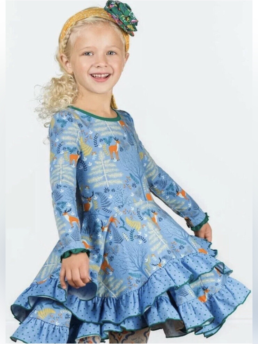 Matilda Jane Make Believe Neck of the Woods Forest Deer Ruffle Dress Blue 8